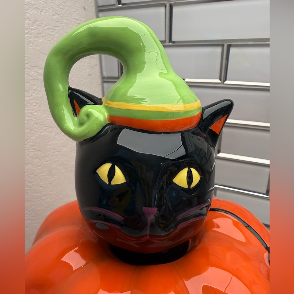 Ceramic Happy Halloween Candy Dish Candle Holder Pumpkin Black Cat - Picture 7 of 14